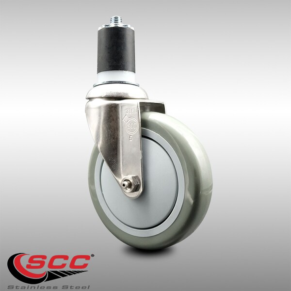 5 Inch 316SS Gray Polyurethane Wheel Swivel 1-3/4 Inch Expanding Stem Caster